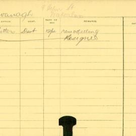 Staff Card - Kavanagh, [first name unknown] - employed 1914