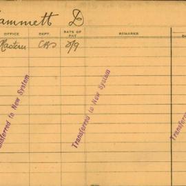 Staff card - Hammett, D - employed 1921