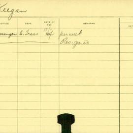 Staff Card - Keegan, W - employed 1913-1914