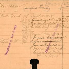 Staff Card - Hudson, W - employed 1915-1920