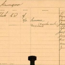 Staff Card - Hourigan, John - employed 1899-1909