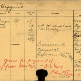 Staff Card - Higgins, D - employed 1913-1919