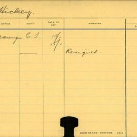 Staff Card - Hickey, L - employed 1912-1913