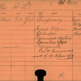 Staff Card - Hibbs, HL - employed 1917-1919