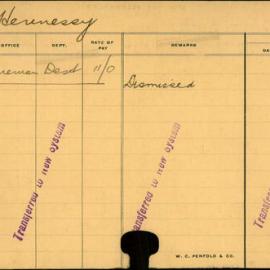 Staff Card - Hennessy, J - employed 1913-1914