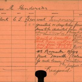 Staff Card - Henderson, M (Miss) - employed 1916-1918