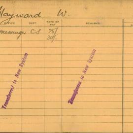 Staff Card - Hayward, W - employed 1920-1921