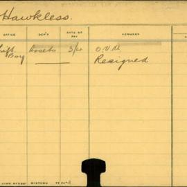 Staff Card - Hawkless, S - employed 1911