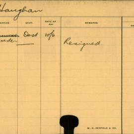 Staff Card - Haughan, R - employed 1913