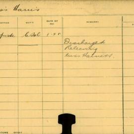 Staff Card - Harris, [first name unknown] (Miss) - employed 1911