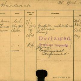 Staff Card - Hardwick, W - employed 1913-1918
