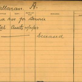 Staff Card - Hallaran, A - employed 1920-1921