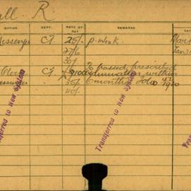 Staff Card - Hall, R - employed 1919-1921