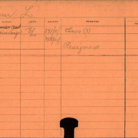 Staff Card - Hain, L - employed 1920-1921