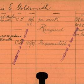 Staff Card - Goldsmith, E (Miss) - employed 1916-1921