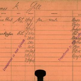 Staff Card - Gill, James K - employed 1912-1921