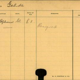 Staff Card - Gehde, [first name unknown] (Miss) - employed 1913