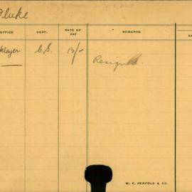 Staff Card - Fluke , P - employed 1913