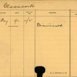 Staff Card - Glasscock, W - employed 1913