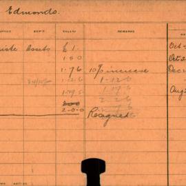 Staff Card - Edmonds, [first name unknown] (Miss) - employed 1909-1913