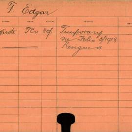 Staff Card - Edgar, F (Miss) - employed 1918