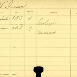 Staff Card - Duncan, W - employed 1907-1908