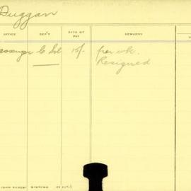 Staff Card - Duggan, E - employed 1911