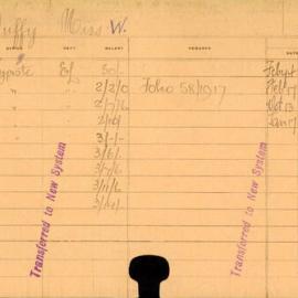 Staff Card - Duffy, W (Miss) - employed 1916-1921