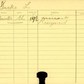 Staff Card - Drake, L - employed 1919