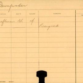 Staff Card - Dempster, A - employed 1911