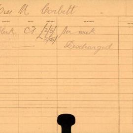 Staff Card - Corbett, M (Miss) - employed 1918-1919