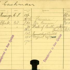 Staff Card - Cashman, L - employed 1916-1920