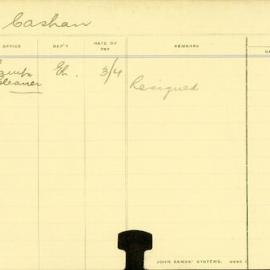 Staff Card - Cashan, R - employed 1912-1913