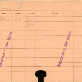 Staff Card - Carew, J - employed 1920