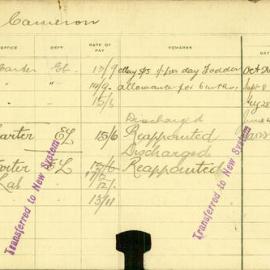 Staff Card - Cameron, W - employed 1913-1919