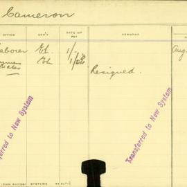 Staff Card - Cameron, W - employed 1911-1912