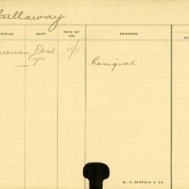 Staff Card - Callaway, T - employed 1913