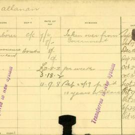 Staff Card - Callanan, P - employed 1909-1919