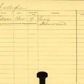 Staff Card - Callaghan, M - employed 1915