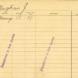 Staff Card - Callaghan, J - employed 1920