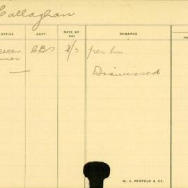 Staff Card - Callaghan, J - employed 1913