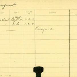 Staff Card - Bryant, D - employed 1909