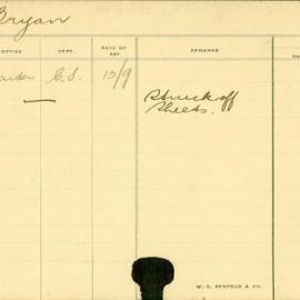 Staff Card - Bryan, R - employed 1913