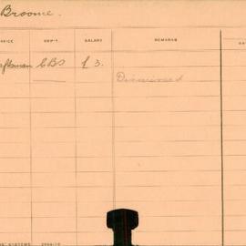 Staff Card - Broome, JW - employed 1910-1911