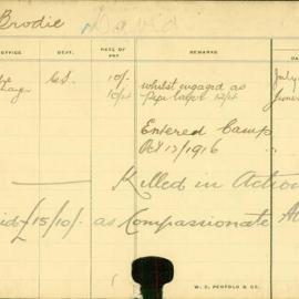 Staff Card - Brodie, David - employed 1913-1916