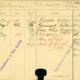 Staff card - Coleman, T - employed 1913-1919