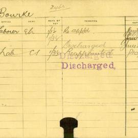 Staff Card - Bourke, R - employed 1915-1917