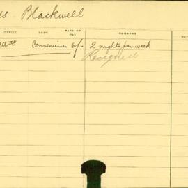 Staff Card - Blackwell, [first name unknown] (Miss) - employed 1914