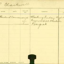 Staff Card - Blackwell Mrs, [first name unknown] - employed 1911-1914