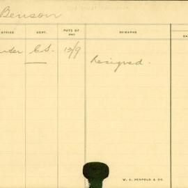 Staff Card - Benson, J - employed 1913